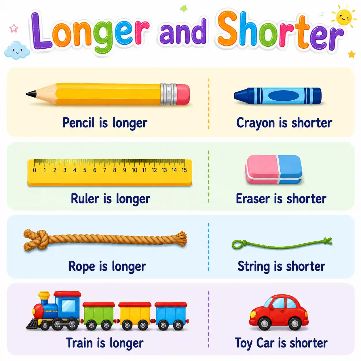 Longer and shorter length comparison illustration for Class 1 mathematics