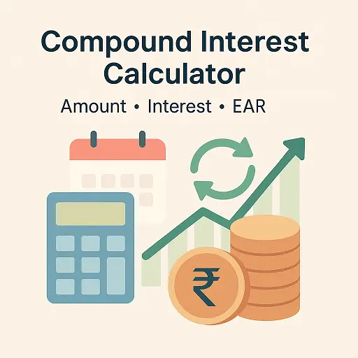 Compound Interest Calculator with P, R, T, n compounding icons