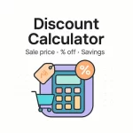 Discount Calculator image showing sale price, percentage off, savings, and shopping icons