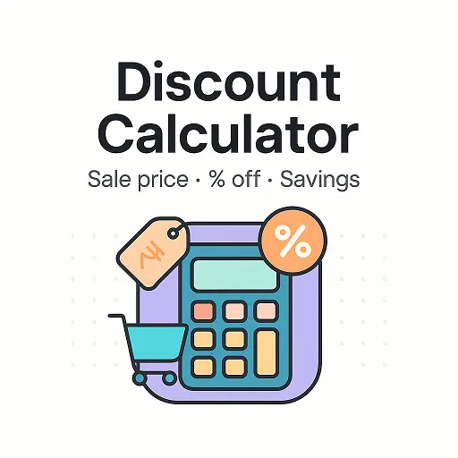 Discount Calculator image showing sale price, percentage off, savings, and shopping icons