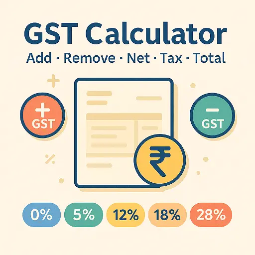 GST Calculator with tax, percentage, and rupee icons