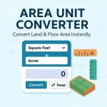 area unit converter interface showing square feet to acres with rulers and land plot illustration