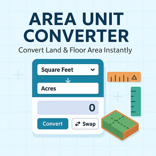 area unit converter interface showing square feet to acres with rulers and land plot illustration
