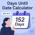 days until date calculator hero showing a woman pointing at a calendar with days remaining