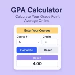 gpa calculator interface with course grade, credits and GPA result on a purple background