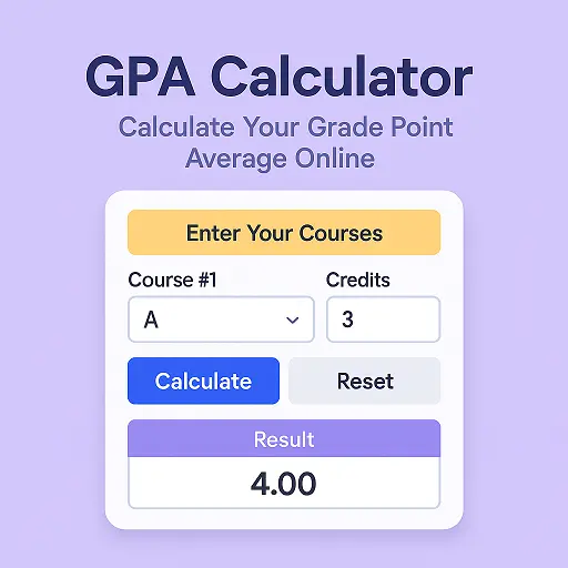 gpa calculator interface with course grade, credits and GPA result on a purple background