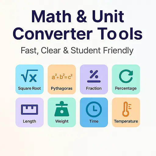 math and unit converter tools for students – square root, fractions, percentage, length, weight, time and temperature icons
