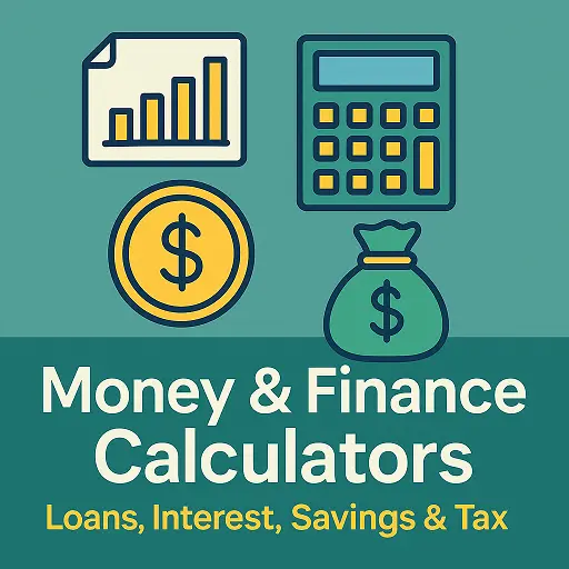 money and finance calculators hero image with calculator, coin, money bag and chart icons