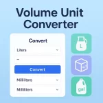 volume unit converter interface with dropdowns for liters, milliliters and gallons and volume icons