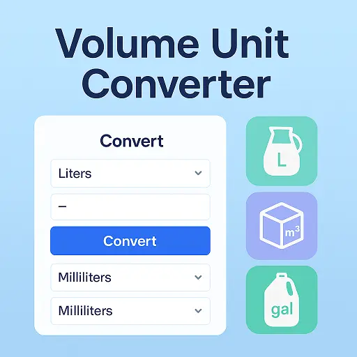 volume unit converter interface with dropdowns for liters, milliliters and gallons and volume icons