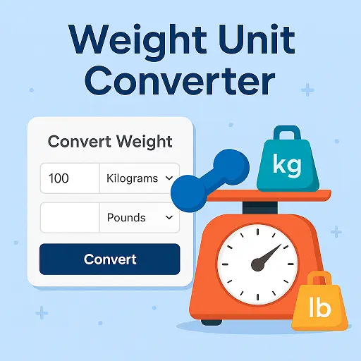 weight unit converter hero image showing a convert weight box with kilograms to pounds on a colorful weighing scale